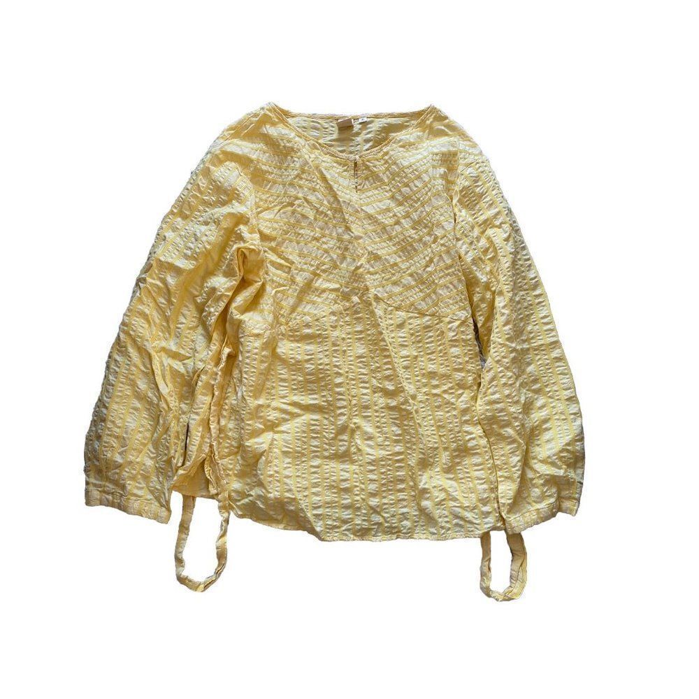 Uniqlo Blouse Top Tunic Kimono Yellow Cotton XL Tie Waist Keyhole